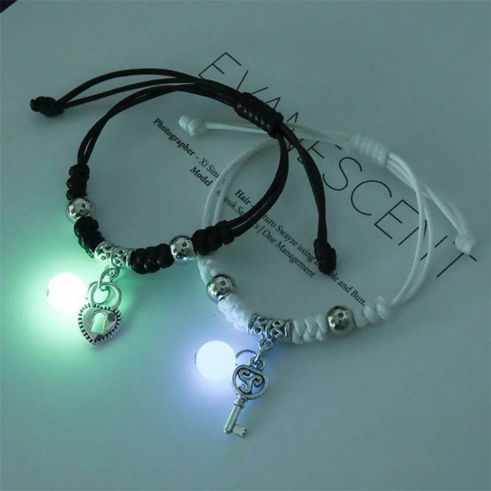 2pcs Luminous Cat Star Moon Cross Charms Bracelet Set Couple Adjustable Woven Rope Friendship Bracelet For Women Men Summer Gift