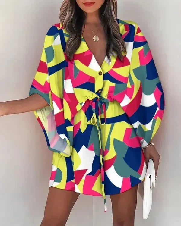 Women Summer Clothing Flying Sleeves V-neck Lace Up Floral Printed Beachwear Waisted Button Up Loose Geometric Dresses 3xl