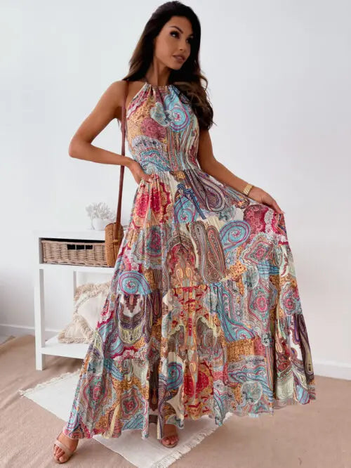 2024 New Women's Printed Tight Waist Fashion Dress Bohemian Open Back Beach Long Dress