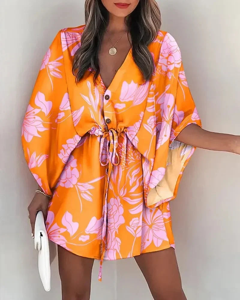 Women Summer Clothing Flying Sleeves V-neck Lace Up Floral Printed Beachwear Waisted Button Up Loose Geometric Dresses 3xl