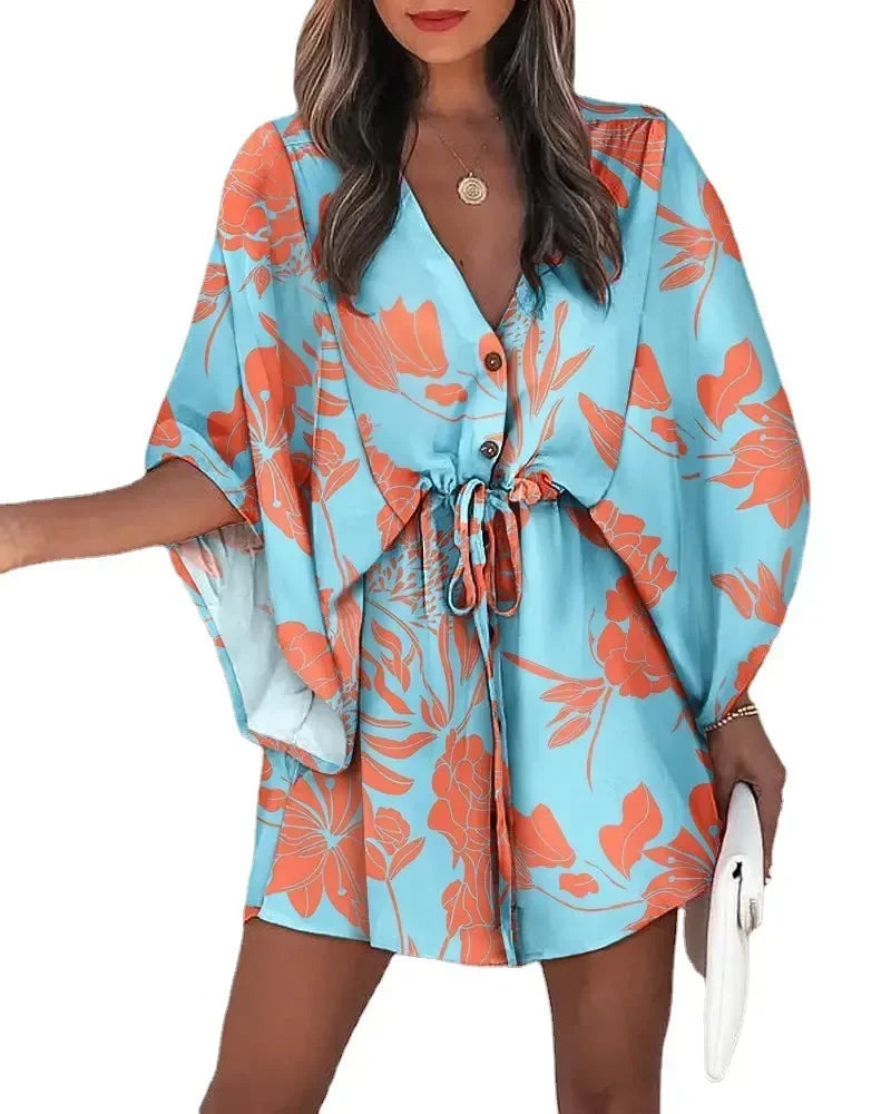 Women Summer Clothing Flying Sleeves V-neck Lace Up Floral Printed Beachwear Waisted Button Up Loose Geometric Dresses 3xl