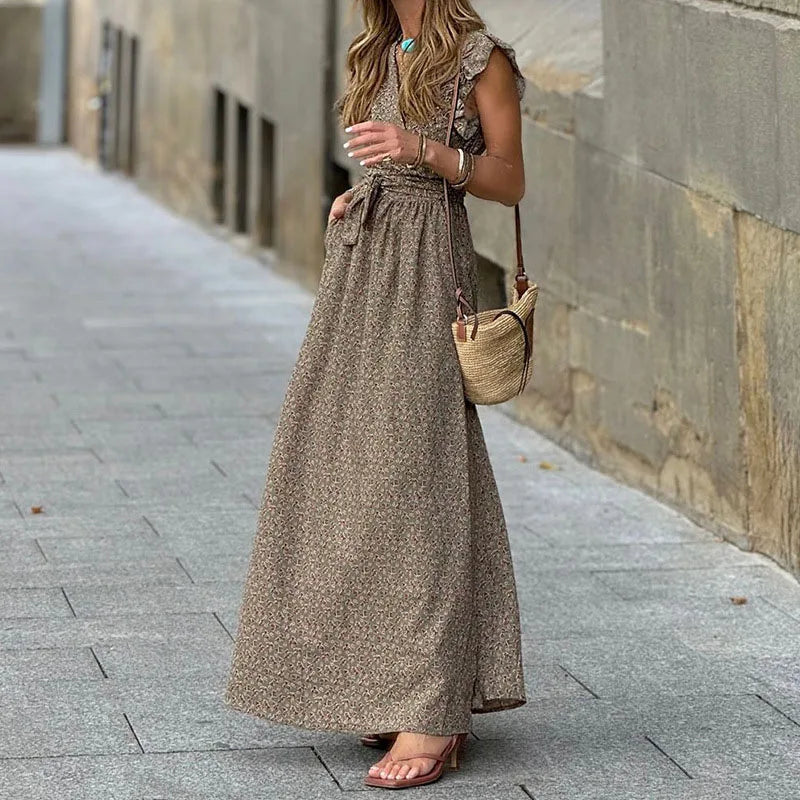 Elegant V-neck Lace-up Waist Long Dress Women Casual Ruffled Sleeveless Pleated Party Dress 2024 Fashion Pocket Bohemian Dresses