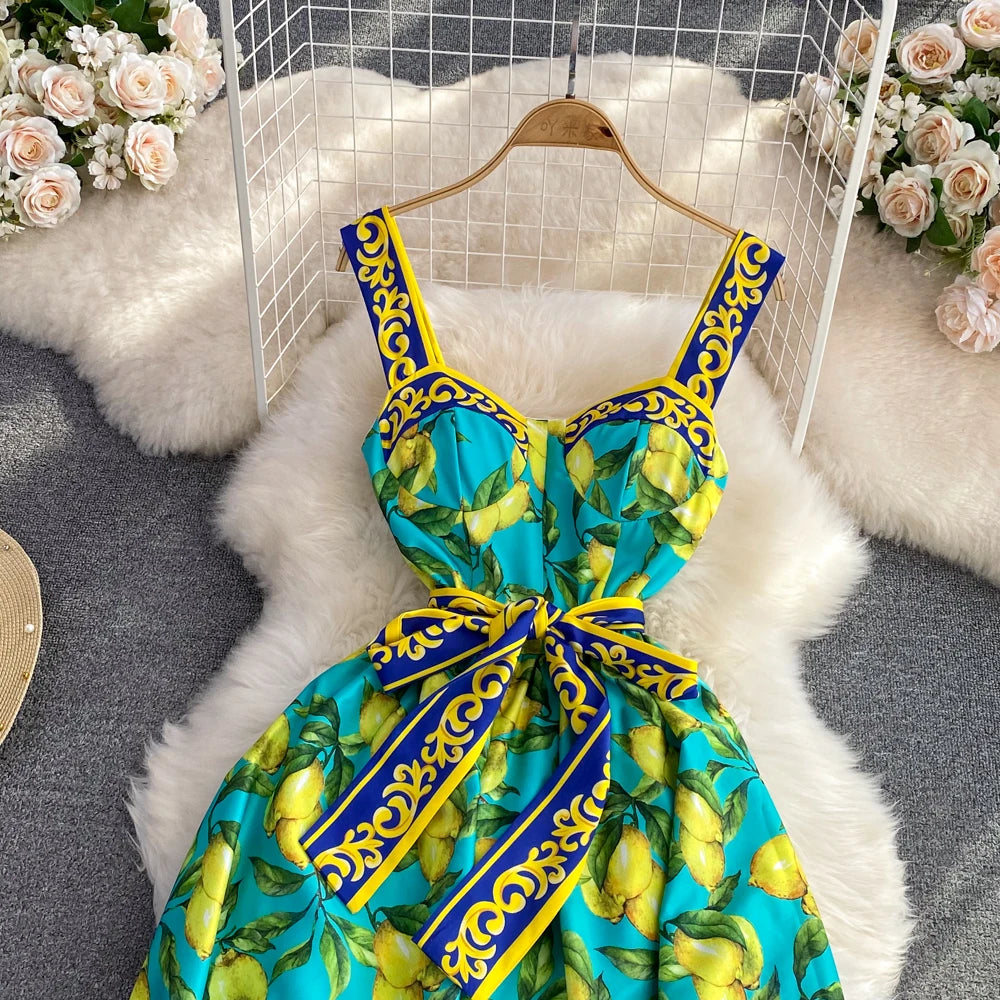 Runway Fashion Maxi Dress Summer Bohemian Spaghetti Strap Lemon Print Sundress Cup Padded Belted Elegant Backless Long Vestidos