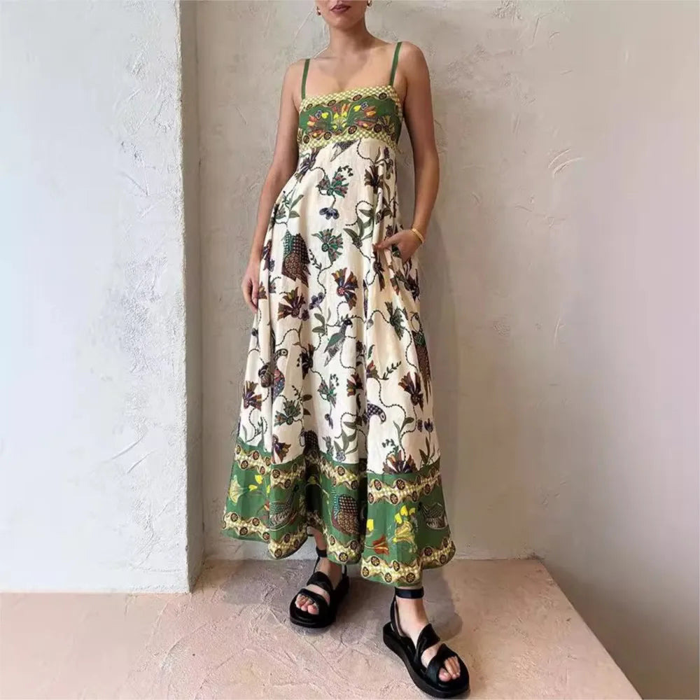 Coconut Tree Print Spaghetti Strap Dress Boho Vacation Style Sleeveles A-line Maxi Slip Dress for Spring Summer Women's Clothing