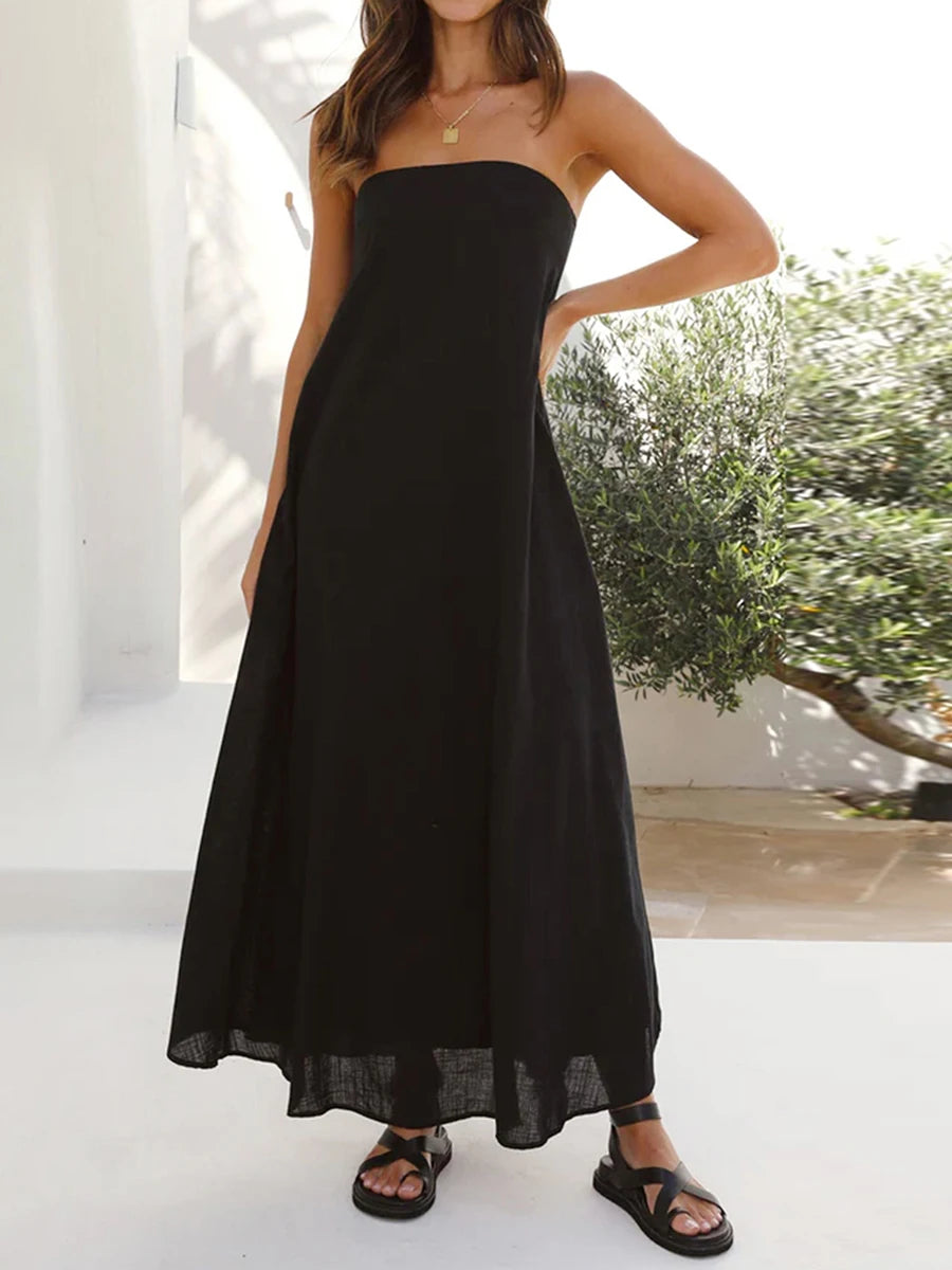 Women Elegant Strapless Long Tube Dress Off Shoulder Backless Maxi Dress Flowy Summer Holiday Beach Dress