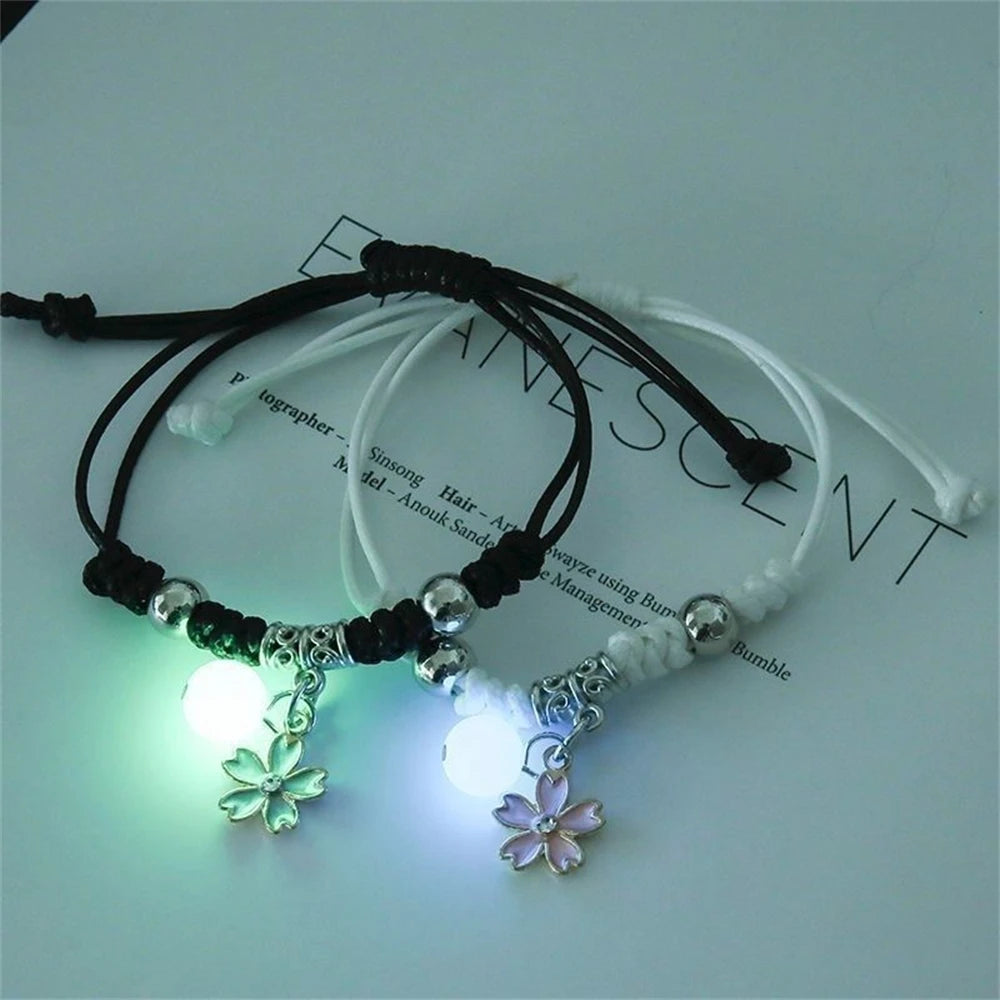 2pcs Luminous Cat Star Moon Cross Charms Bracelet Set Couple Adjustable Woven Rope Friendship Bracelet For Women Men Summer Gift