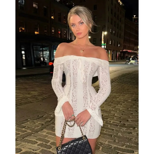 White Off Shoulder See-through Lace Up Maxi Dress Women Flared Long Sleeves Chest Wrapped Dresses Summer Elegant Seaside Gowns