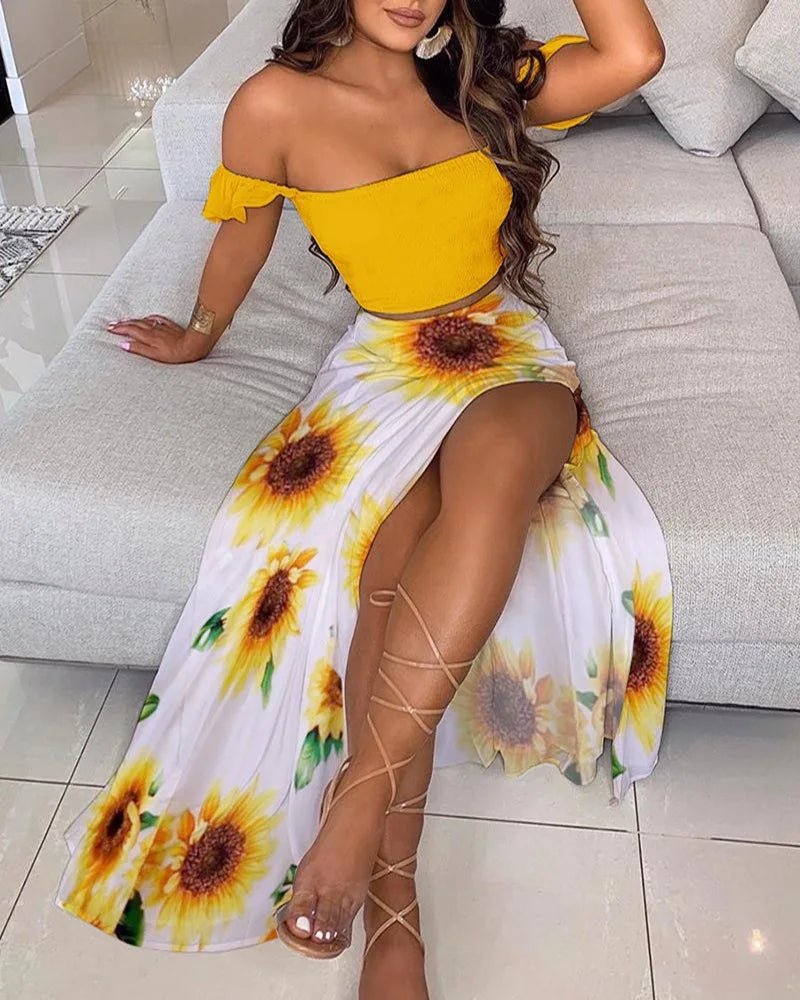 2024 Women's Summer New Fashionable and Beautiful Bohemian High Waist Printed One Line Neck Bra Strap Open Navel Set Dress