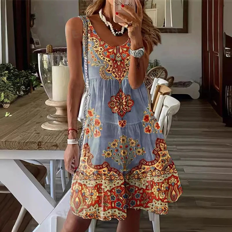 Bohemian Retro Sleeveless Tank Mini Dress 2024 Summer Loose Ruffle Vacation Dress Women O-neck Pattern Print A-line Short Dress