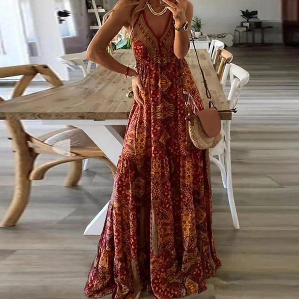 Stylish Boho Dress Loose Women  Women Dress Sleeveless Backless Deep V Neck Dress   for Vacation  Summer Dress