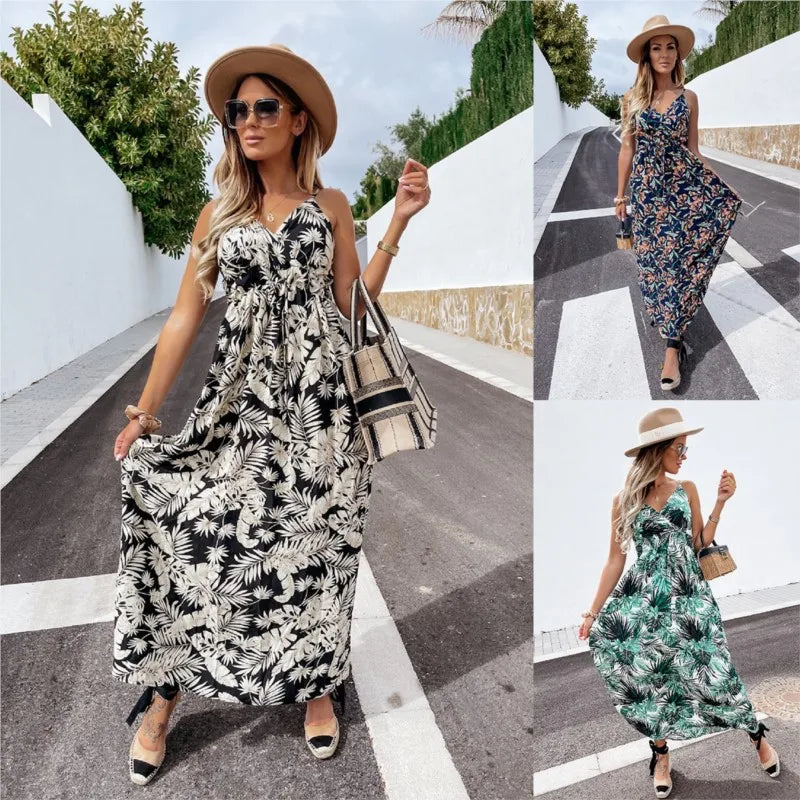 202 Spring/Summer New Printed Bohemian Long Dress V-neck Sleeveless Strap Dress for Women