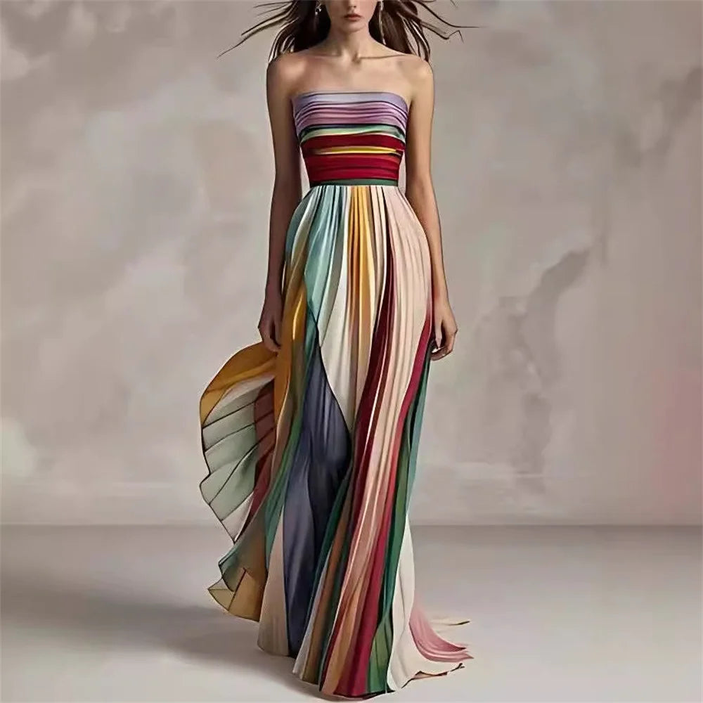 Fashion Colorful Striped Off Shoulder Maxi Dress Women Summer Print Sleeveless Irregular Evening Party Lady Dresses