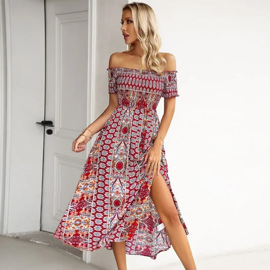 Female Chest Wrap Long Dress European American Dresses Summer Women's One Shoulder Bohemian Slit Large Hem Skirts Temperament