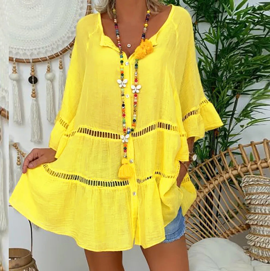 Bohemian Beach Style Single Breasted Dress 2025 New Women Flared Sleeves Cotton Linen V-neck Loose Button Hollow Top Retro Dress