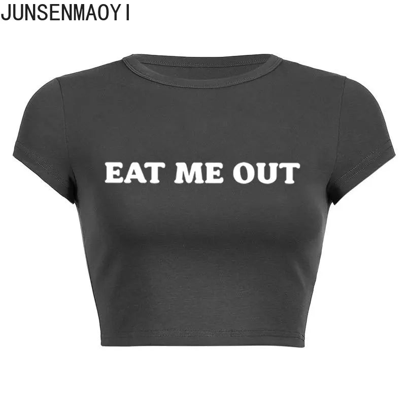 Eat Me Out Print Pattern Summer Short Sleeve O Neck Solid Color Cropped Navel Women Crop Tops Fashion T-Shirt