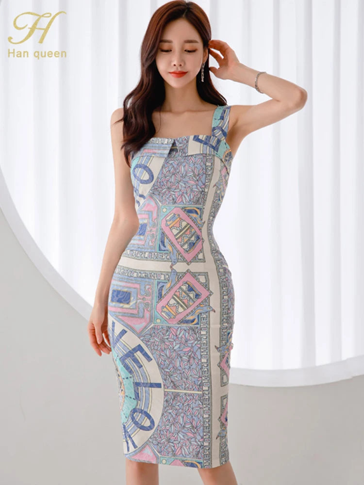 H Han Queen New Elegant Fashion Printing Summer Dresses Women Vintage Office Party Sheath Dress Mid-Calf Bodycon Vestidos