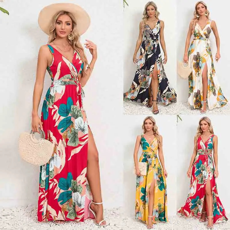 2024 New Elegant Beach Maxi Dress Vestido Summer Casual Long Dress for Women Robe Female Clothing Floral Vintage Bohemian Dress