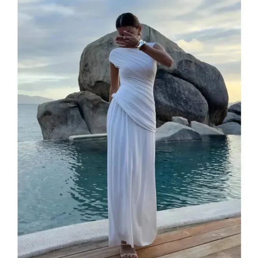 Irregular Pleat Slim Maxi Dress Women White Solid Elegant O Neck Short Sleeve Long Robe Fashion Summer New Lady Vacation Dresses