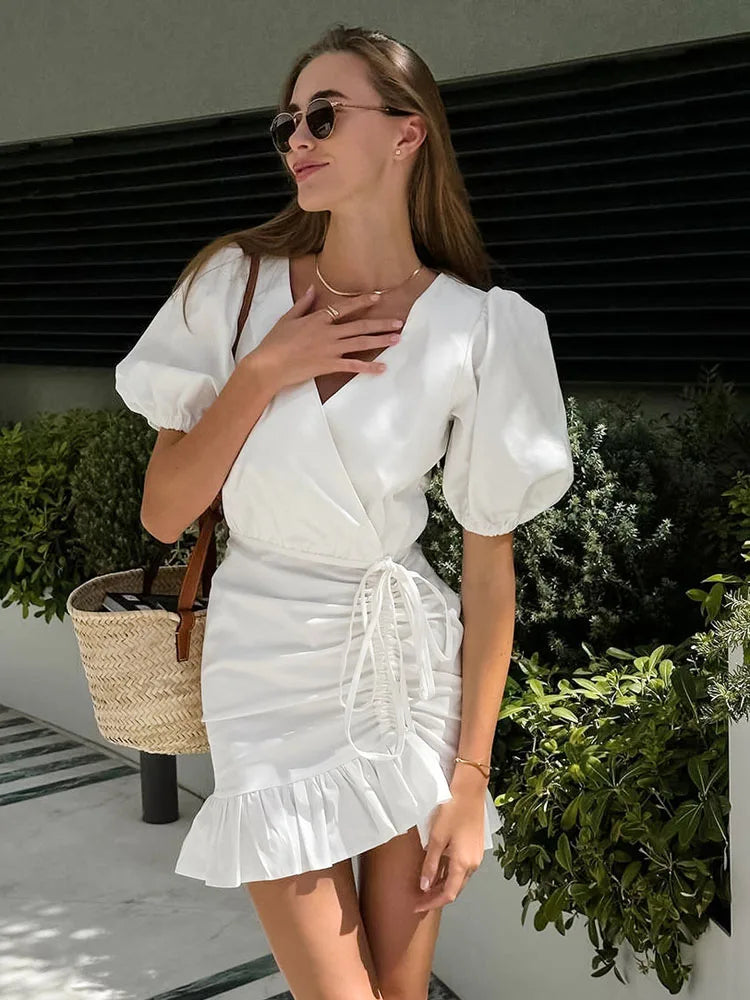 Jastie Puff Sleeves Ruffled V-Neck Mini Dresses Women Summer 2024  White Drawstring Elegant Dress High Waist Office Ladies Dress