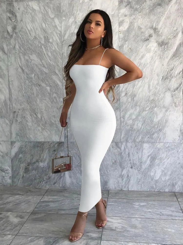 Spaghetti Strap Black Bodycon Dress White Club Outfits For Women Clothing Summer Long Evening Dresses Elegant Vestidos De Mujer