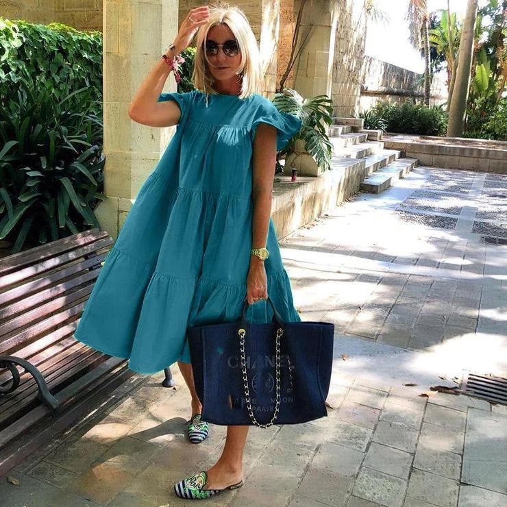 Fashion Boho Oversize A-line Dress For Women 2024 Summer Casual O-neck Ruffles Sleeve Solid Color Holiday Beach Midi Dresses