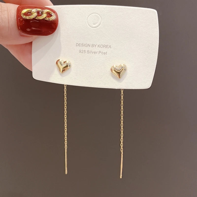 Gold Color Heart Ear Line for Women Temperament Long Tassel Earrings Silver Color Links Girls Korean Fashion Metal Earrings