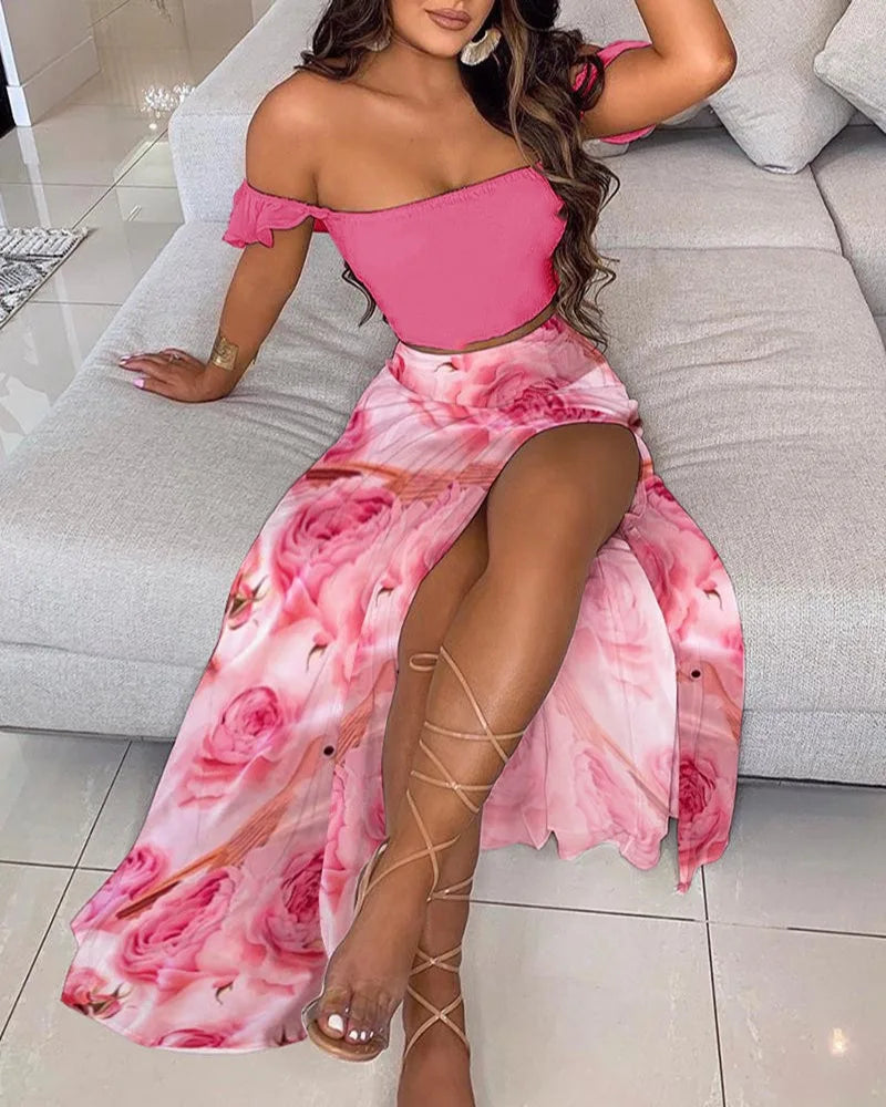 2024 Women's Summer New Fashionable and Beautiful Bohemian High Waist Printed One Line Neck Bra Strap Open Navel Set Dress