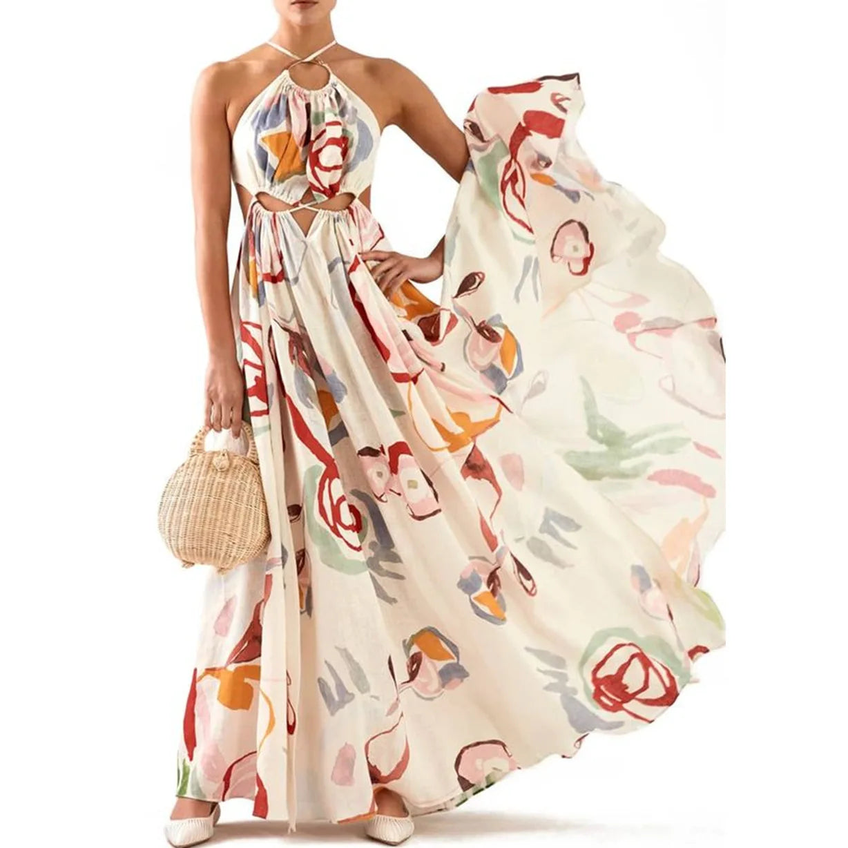 2023 spring and summer new Europe and the United States new slim-fit halter splicing print long dress beach dress