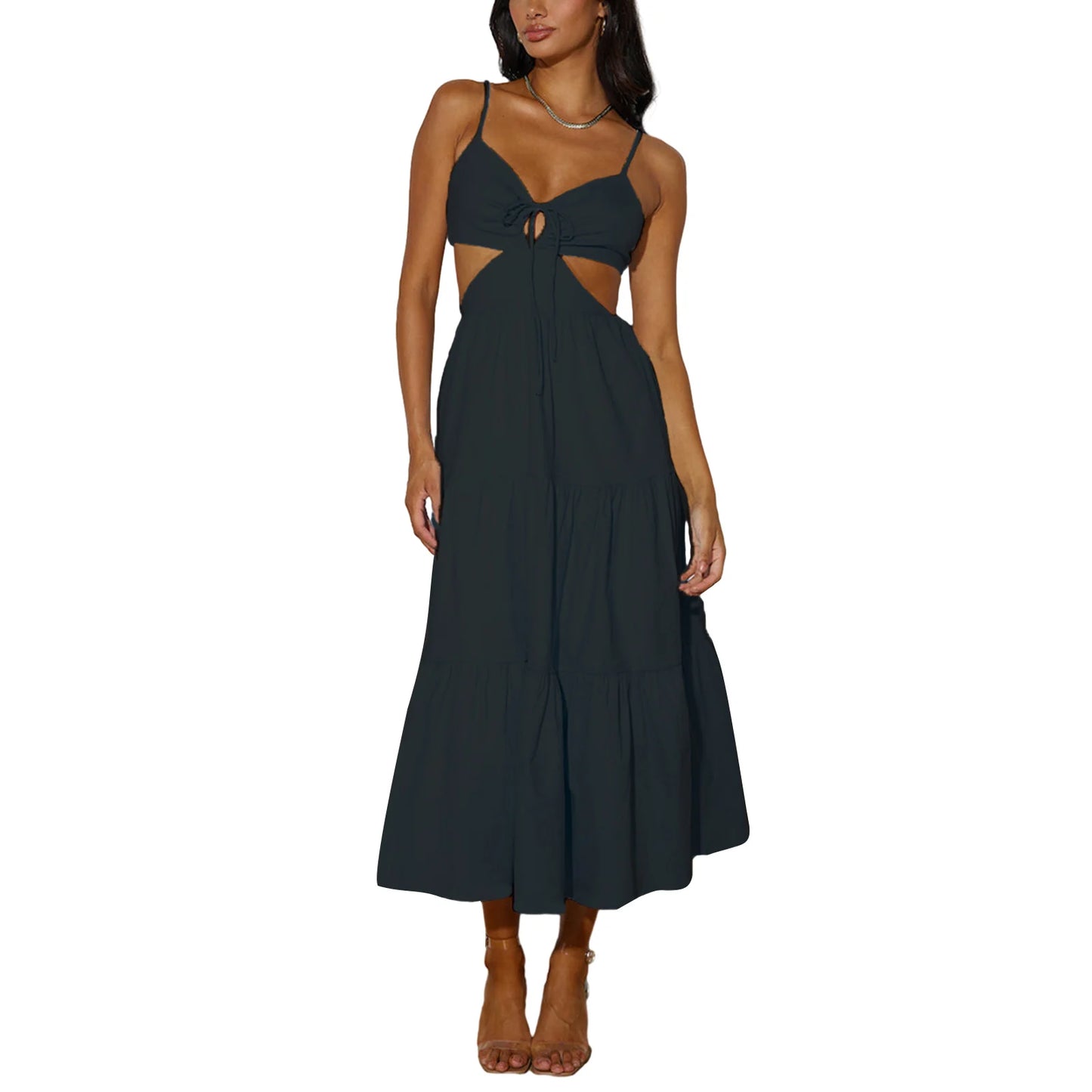 Women's Fashion Bohemian Dress Back Tie-up Spaghetti Strap V-Neck Cutout Beach Flowy Midi Cami Dress Sundress