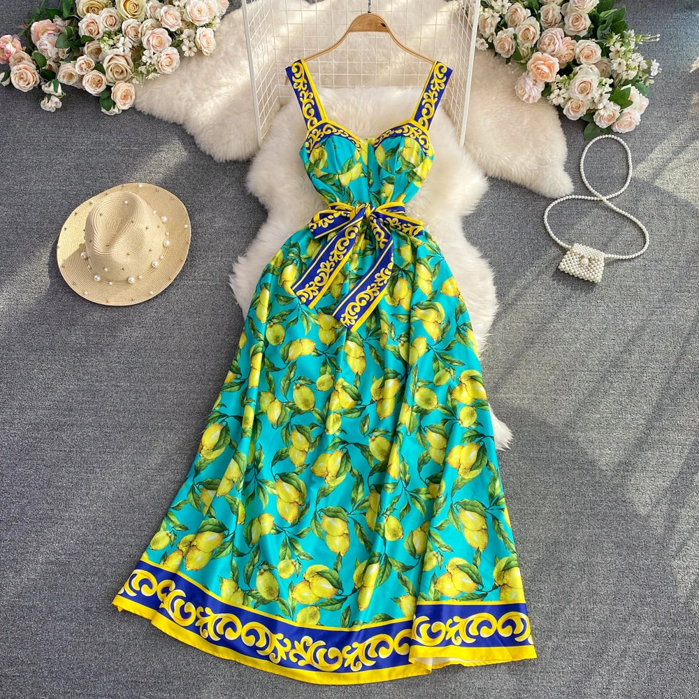 Runway Fashion Maxi Dress Summer Bohemian Spaghetti Strap Lemon Print Sundress Cup Padded Belted Elegant Backless Long Vestidos