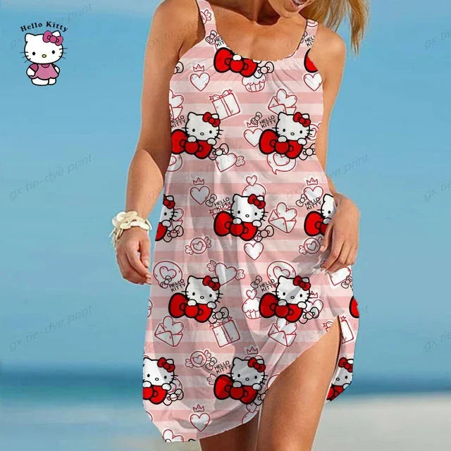 Hello Kitty Printed Vestidos Women Short Sleeves O Neck Midi Dresses A Line Bohemian Summer White Elegant Beach Dress