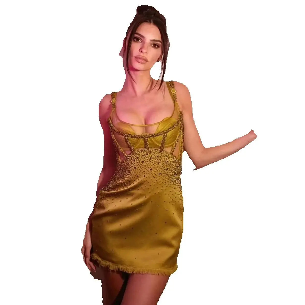 O-neck Golden Party Dress Mat Gala Mini Dress Bodycon Dress Crystals Beaded Dress Elegant Dresses For Women See Through Dress