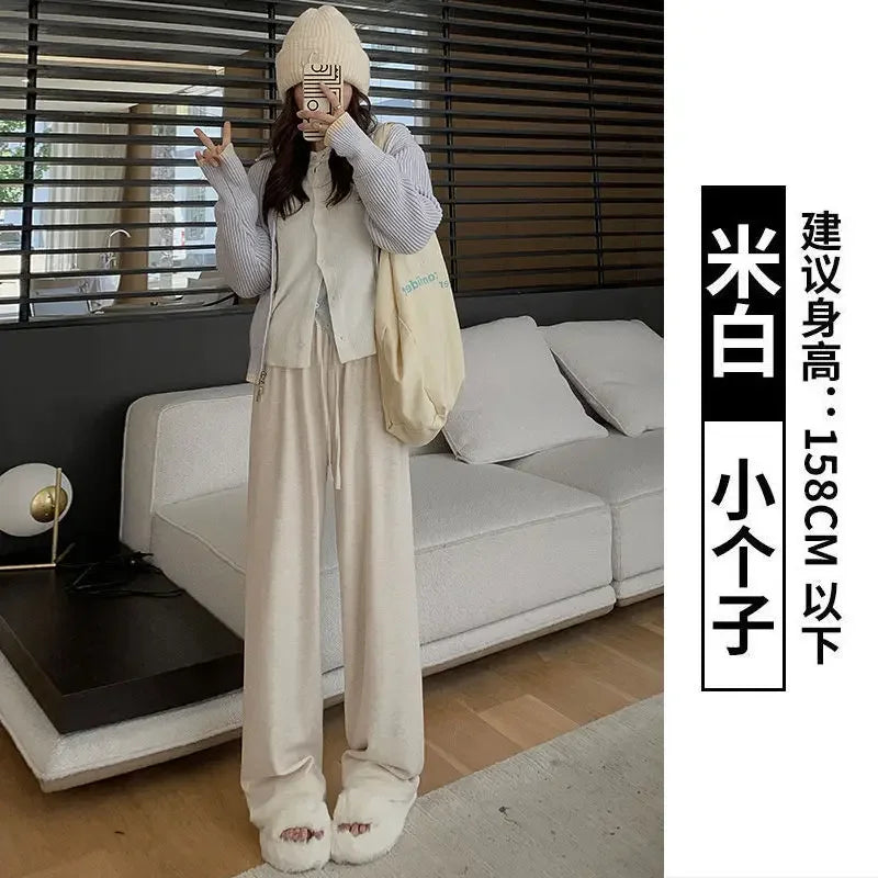 Knitted Pants Women Solid High-waisted Casual Trousers Wide Leg Loose All-match Daily Tender Simple Autumn Spring Lace-up Chic