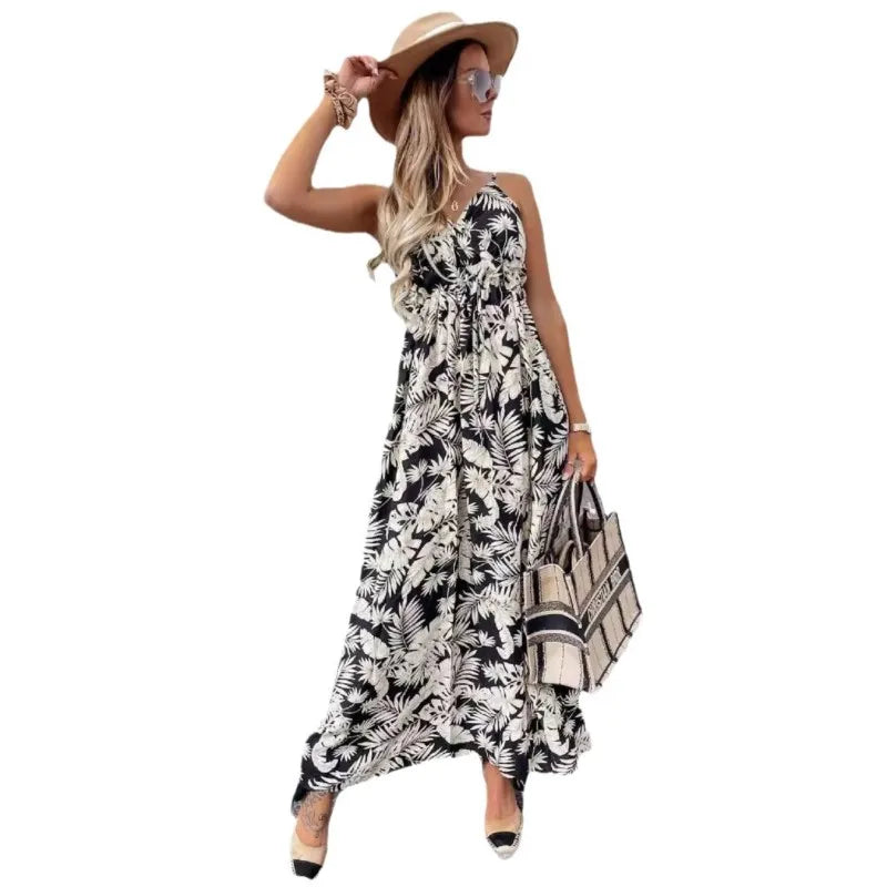 202 Spring/Summer New Printed Bohemian Long Dress V-neck Sleeveless Strap Dress for Women