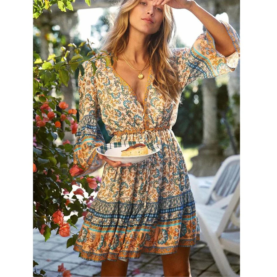 TEELYNN Boho dress RED floral print mini dress V-neck short women dresses 2020 new summer loose style bohemia beach dresses