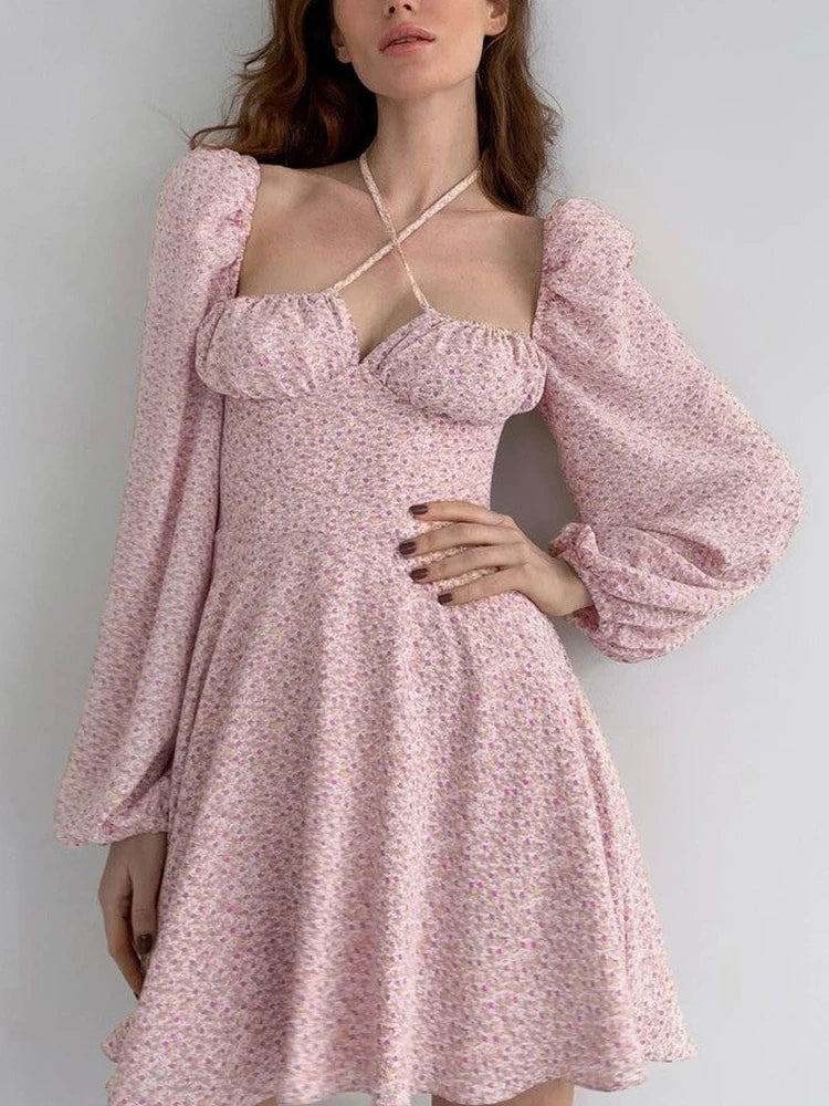 HTZMO  Pink Floral Dress Women Summer Mini Vestidos Lantern Long Sleeve Backless Zipper A-Line Robe Beach Casual Dresses 2021