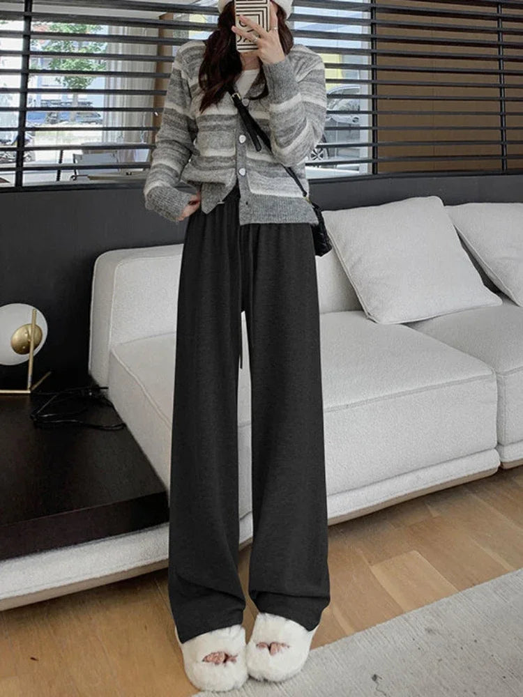 Knitted Pants Women Solid High-waisted Casual Trousers Wide Leg Loose All-match Daily Tender Simple Autumn Spring Lace-up Chic