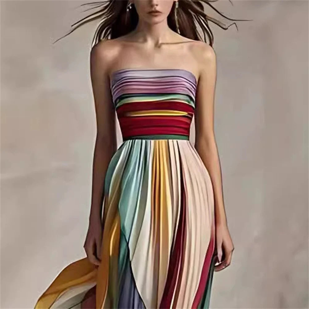 Fashion Colorful Striped Off Shoulder Maxi Dress Women Summer Print Sleeveless Irregular Evening Party Lady Dresses