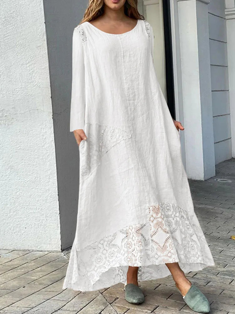 Lace Patchwork Summer Maxi Dress 2024 VONDA Women Asymmetrical Party Sundress Casual Solid Short Sleeve Pleated Long Robe Femme