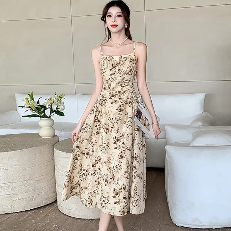 2024 Boho Floral Elegant Sling Long Dress Gown Women Korean Fashion Bandage Bodycon Dress Summer Vintage Elegant Festival Dress