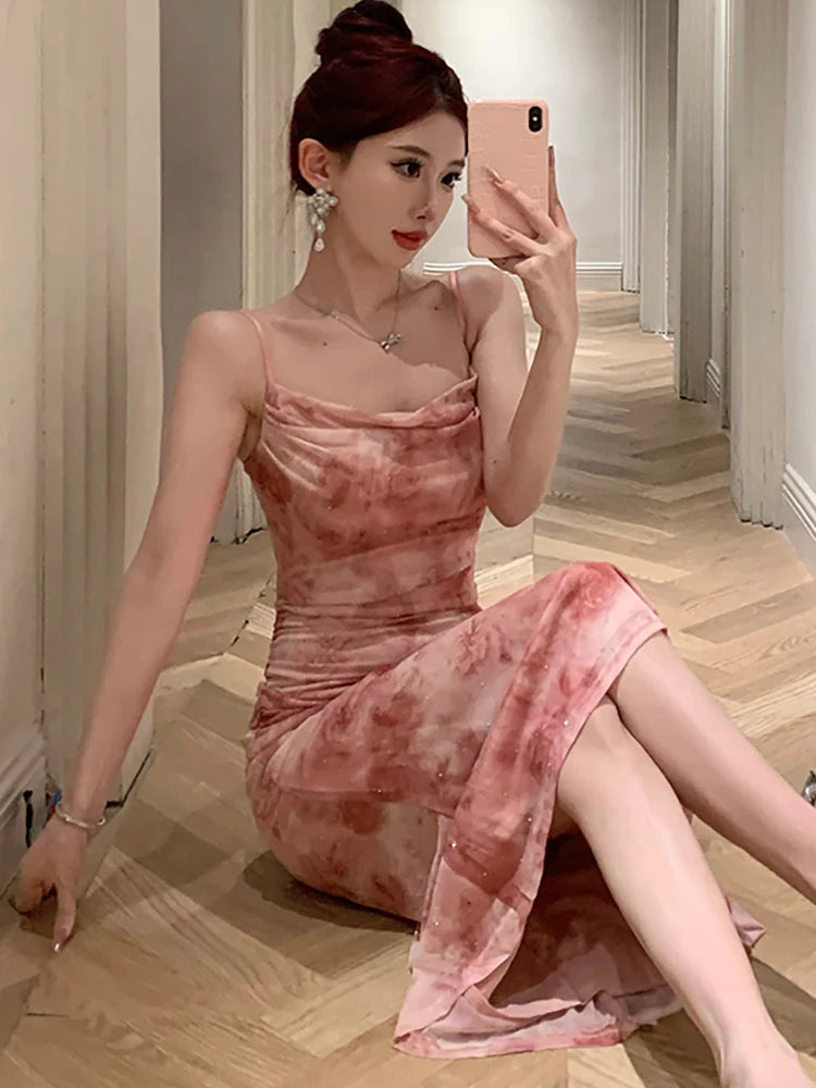 Women Pink Print Mesh Chic Diamonds Luxury Long Dress Summer Elegant Casual Sling Dress 2024 Boho Fashion Bodycon Holiday Dress