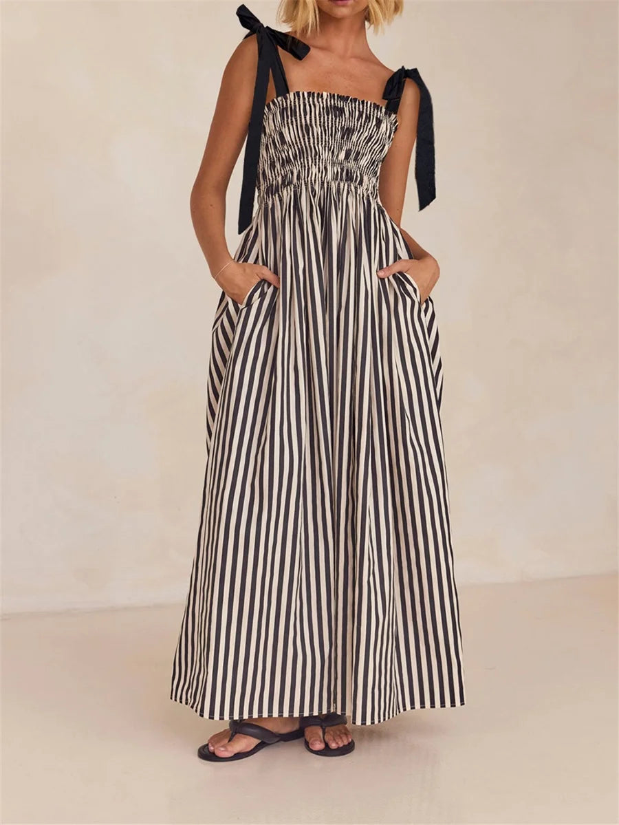 Boho Women's Stripe Print Cami Dress Tie Spaghetti Strap Shirred Detail Backless Long Flowy Dress with Pockets