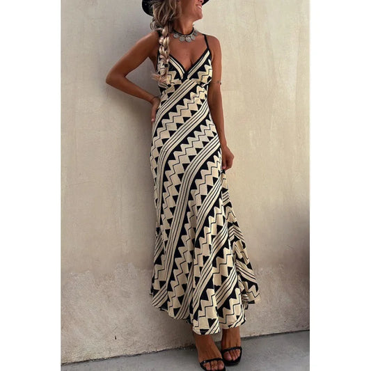 Bohemian Print Sleeveless Beach Dress, Casual Suspender Dress, Maxi Dress