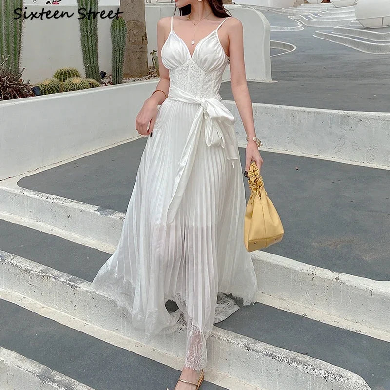 White Satin Woman's Dresses Vintage  Summer Beach High Waisted Pleated Maxi Dress Women Sleeveless A-line Satin Clothing