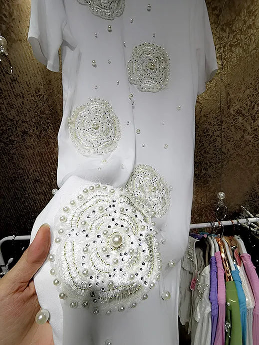 Fairy Pearls Diamonds Beaded Floral Long T-Shirts Dress Shining Rhinestones 3D Big Flowers Long Tees Dress Sequins Dress Vestido