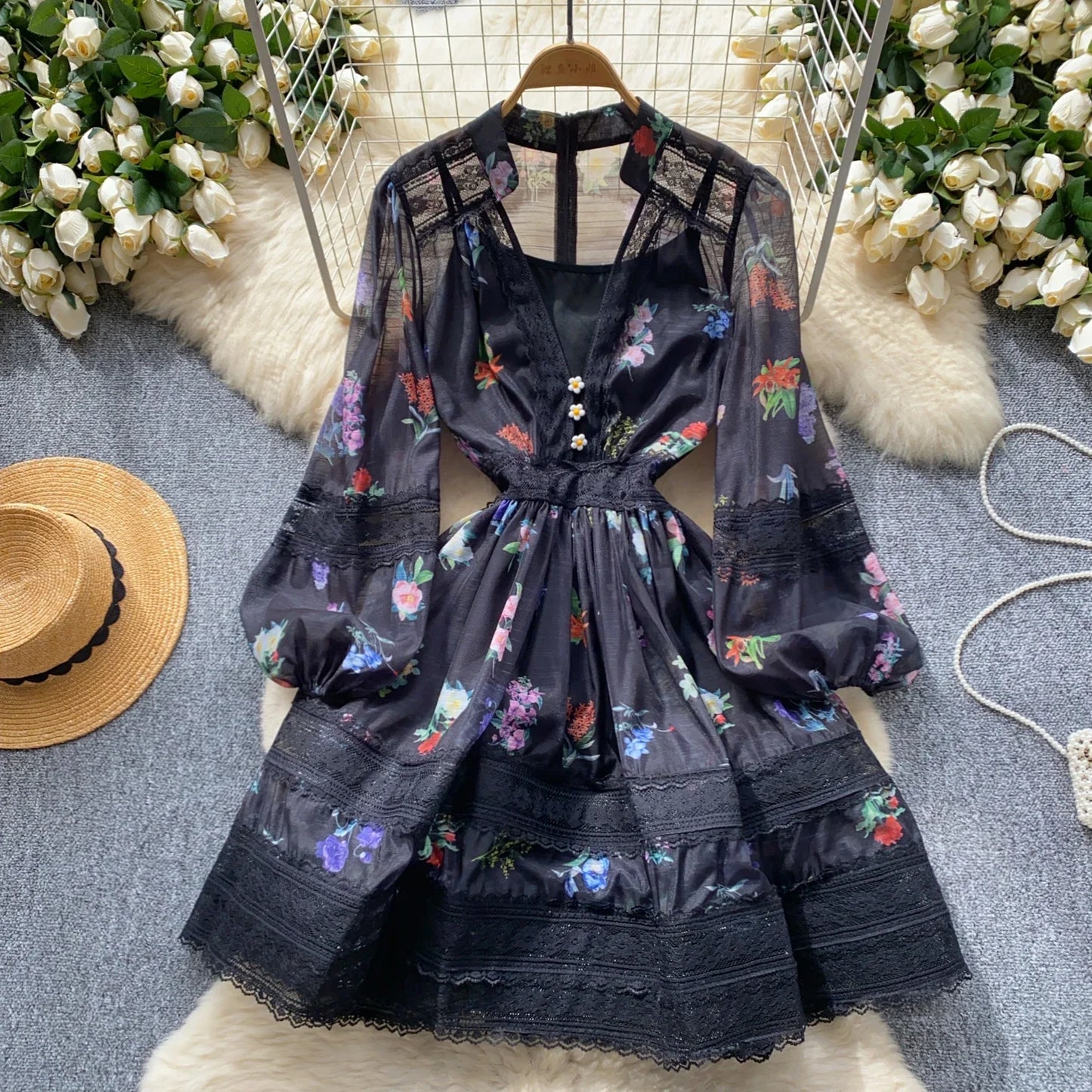 French Retro Women Black White Print Lace Patchwork Elegant Slim Long Sleeve Short Dress And Slip Dresses New Spring Autumn Boho