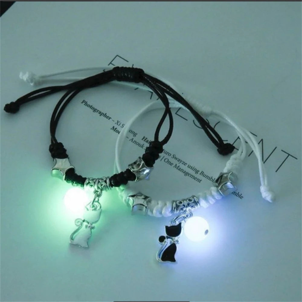 2pcs Luminous Cat Star Moon Cross Charms Bracelet Set Couple Adjustable Woven Rope Friendship Bracelet For Women Men Summer Gift