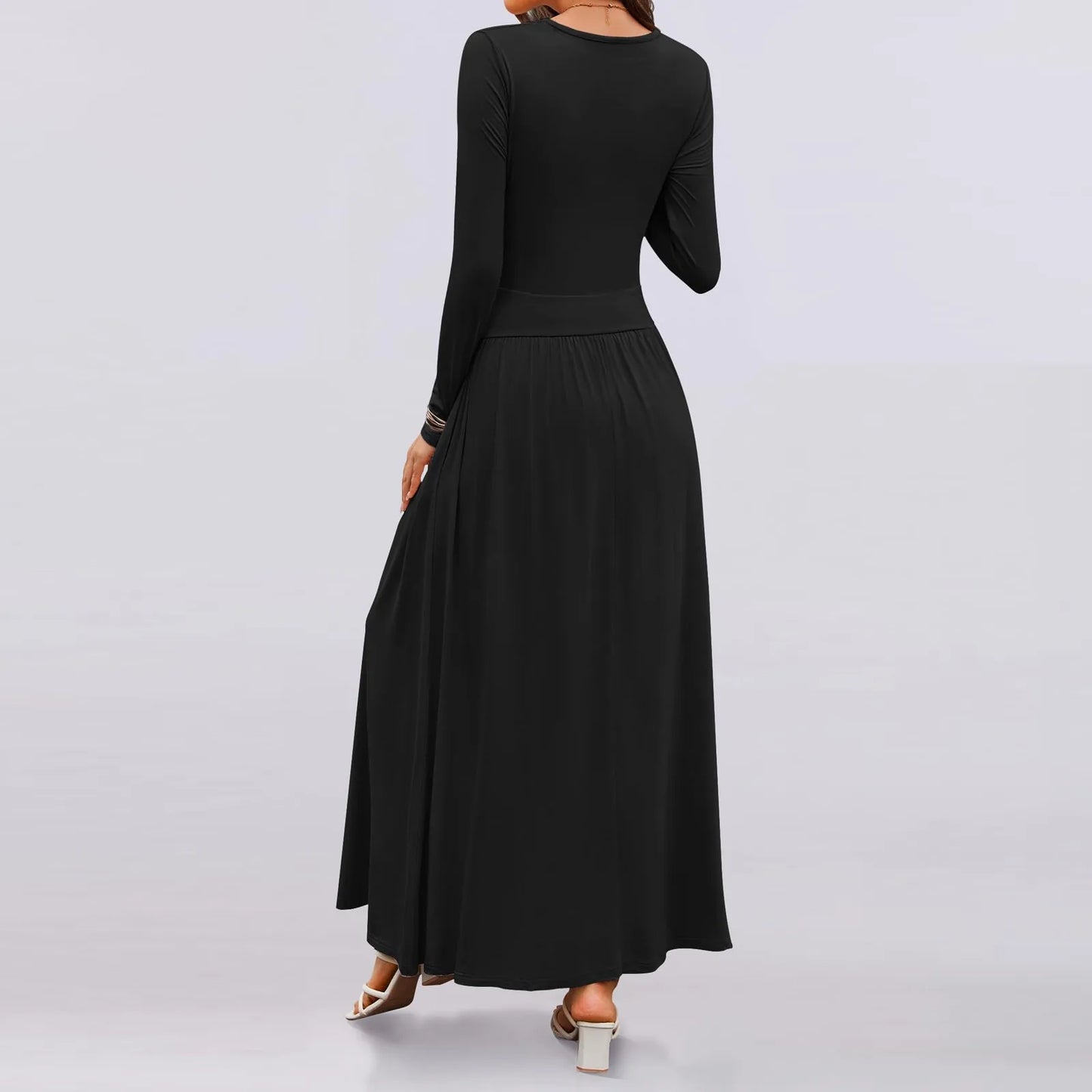 Solid Patchwork Folds Slimming Dresses For Women Round Neck Long Sleeve High Waist Minimalist Temperament Dress Female