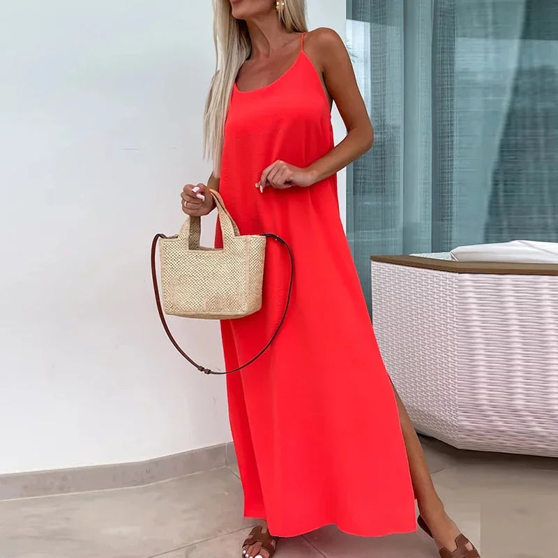 Summer Casual U-Neck Solid Long Dress Women Elegant Strap Split Vocation Dress 2024 Female Cross Backless Bohemian Beach Dress