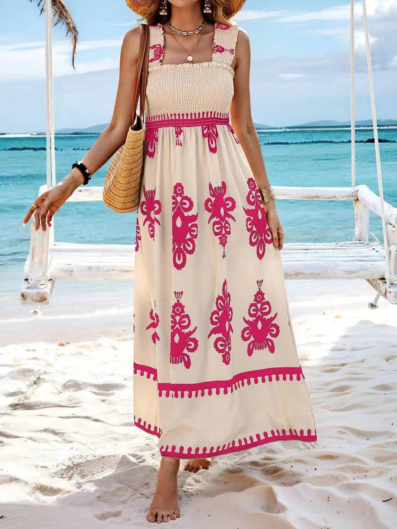 Bohemian Long Dress Summer Loose Holiday Dress Women Casual Sleeveless A-Line Party Long Dress Boho Casual Midi Dress Vestidos